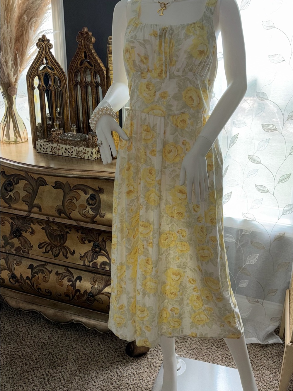 Yellow Floral Midi Dress with Square Neckline